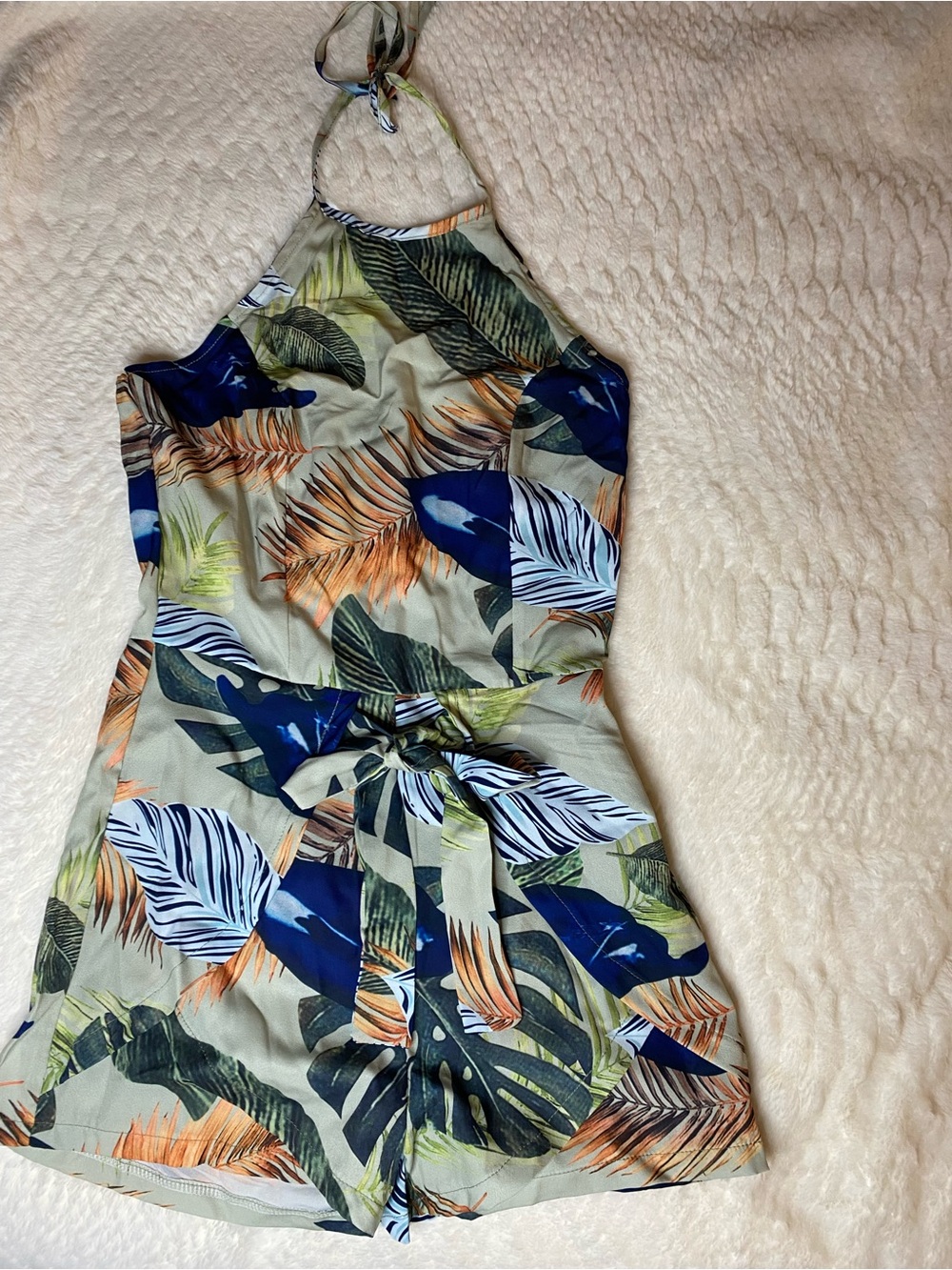 CBR Halter Mini Dress with Blue, Green and Orange Leaf Print
